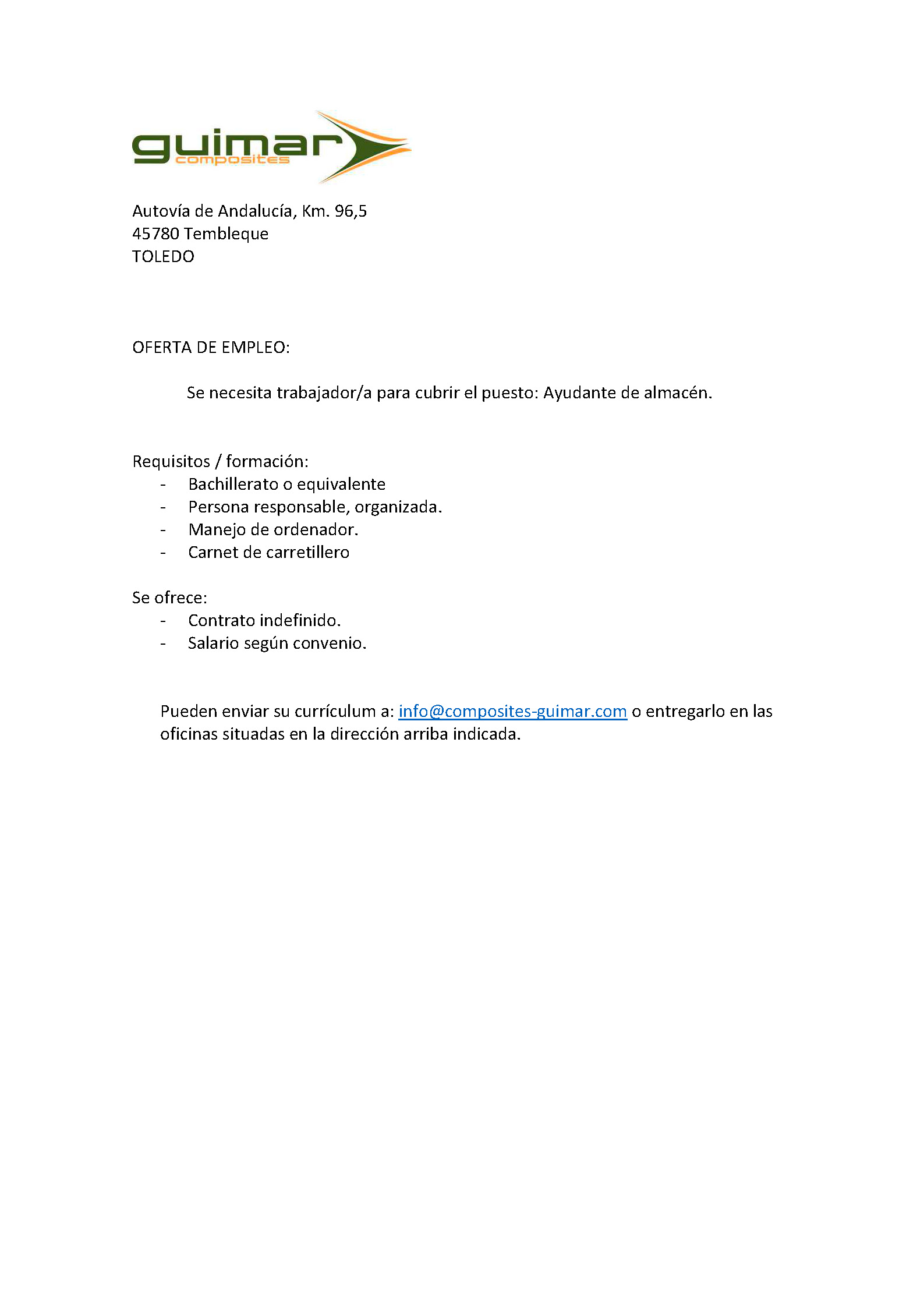 Guimar Composites busca Ayudante de Almacén en Consuegra