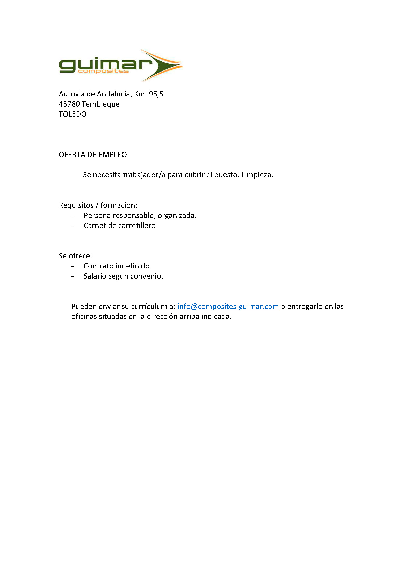 Guimar Composites busca personal para puesto de limpieza con contrato indefinido